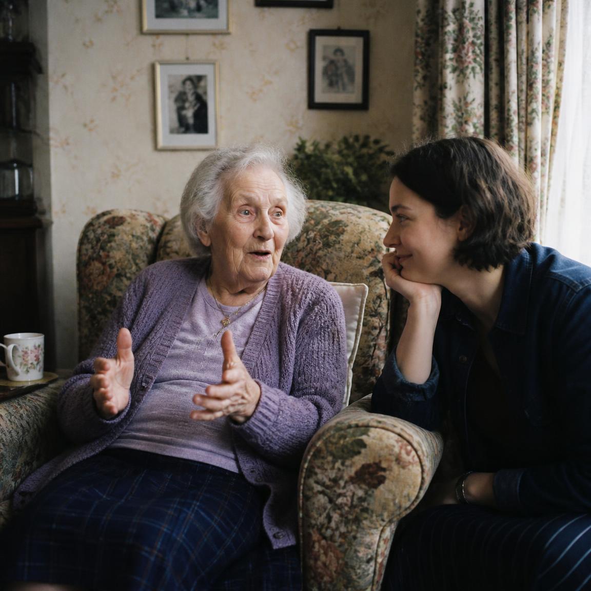 A woman in her eighties talking in her armchair, mid-story, with her granddaughter listening beside her